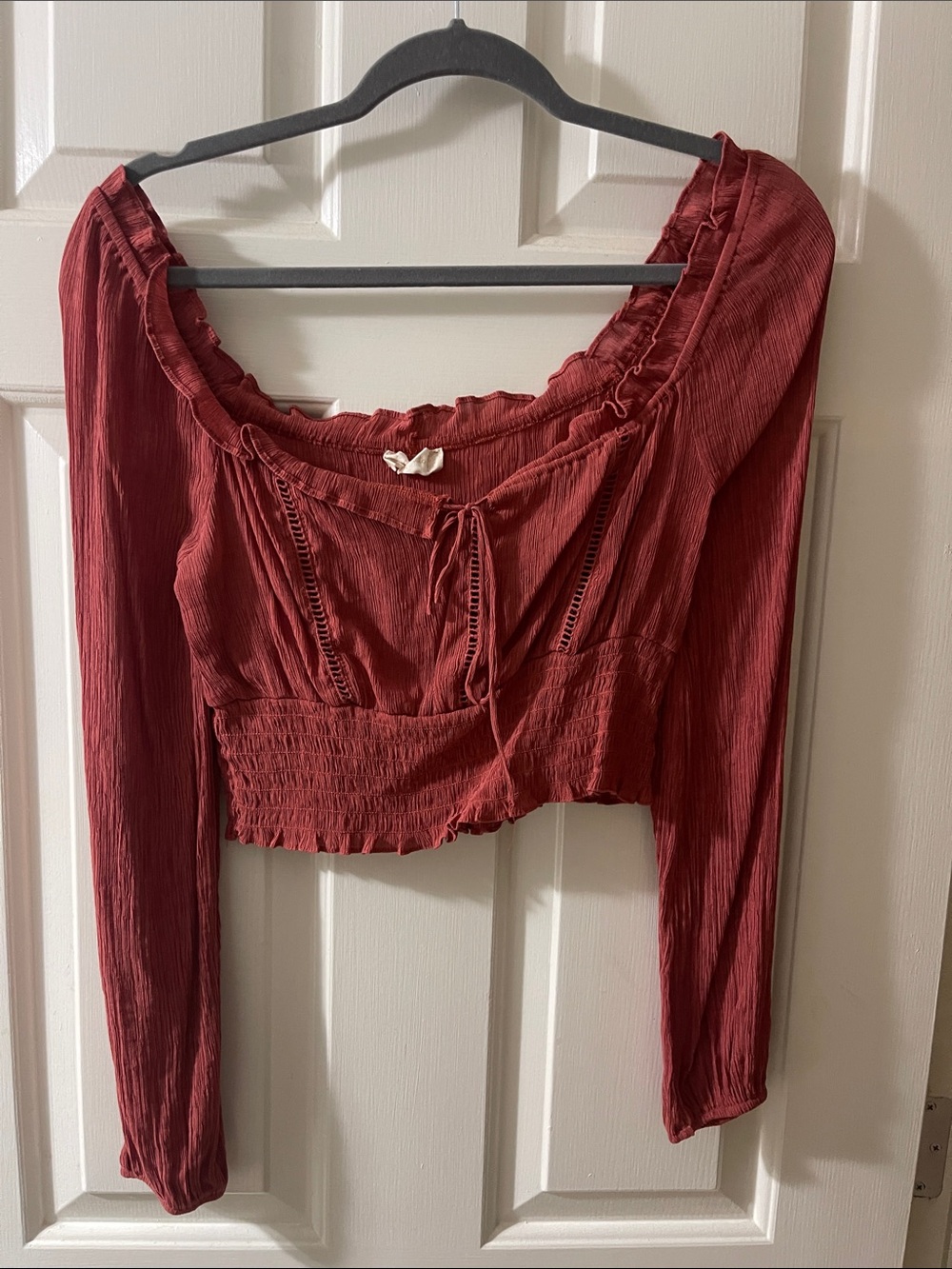 Altar'd State Rust Red Long-Sleeve Smocked Crop Top